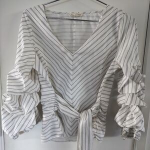 Jane & Delancey Women's Striped Ruched Sleeve Tie Waist Blouse Black White Med